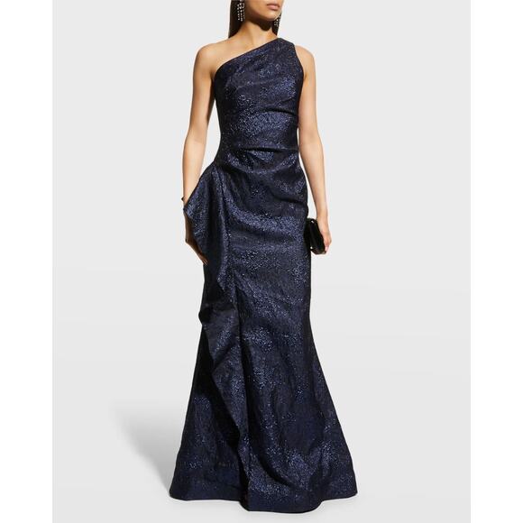 Rickie Freeman Teri Jon Navy One-Shoulder Jacquard Side-Ruffle Evening Gown 16 - Picture 2 of 14